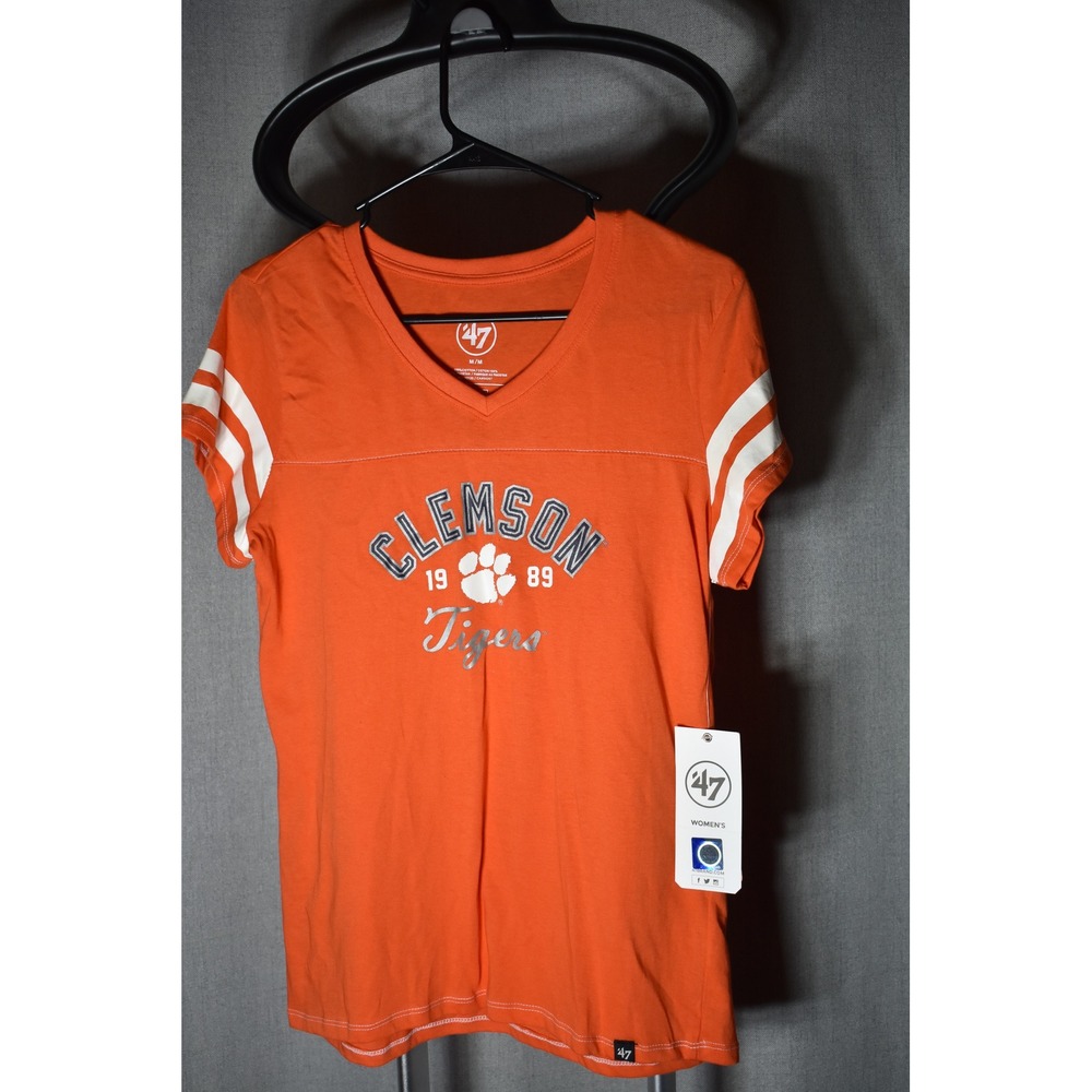 '47 Brand Clemson Tigers Womens Orange V-Neck Graphic T-Shirt Varsity Stripe M